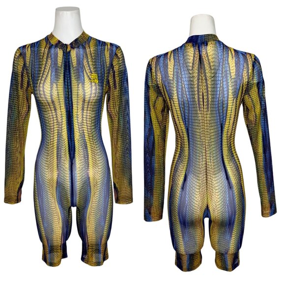 Shane Justin Ryder Blue Yellow Printed Jumpsuit Bodysuit S Zip Up Romper Sheer - Picture 1 of 14